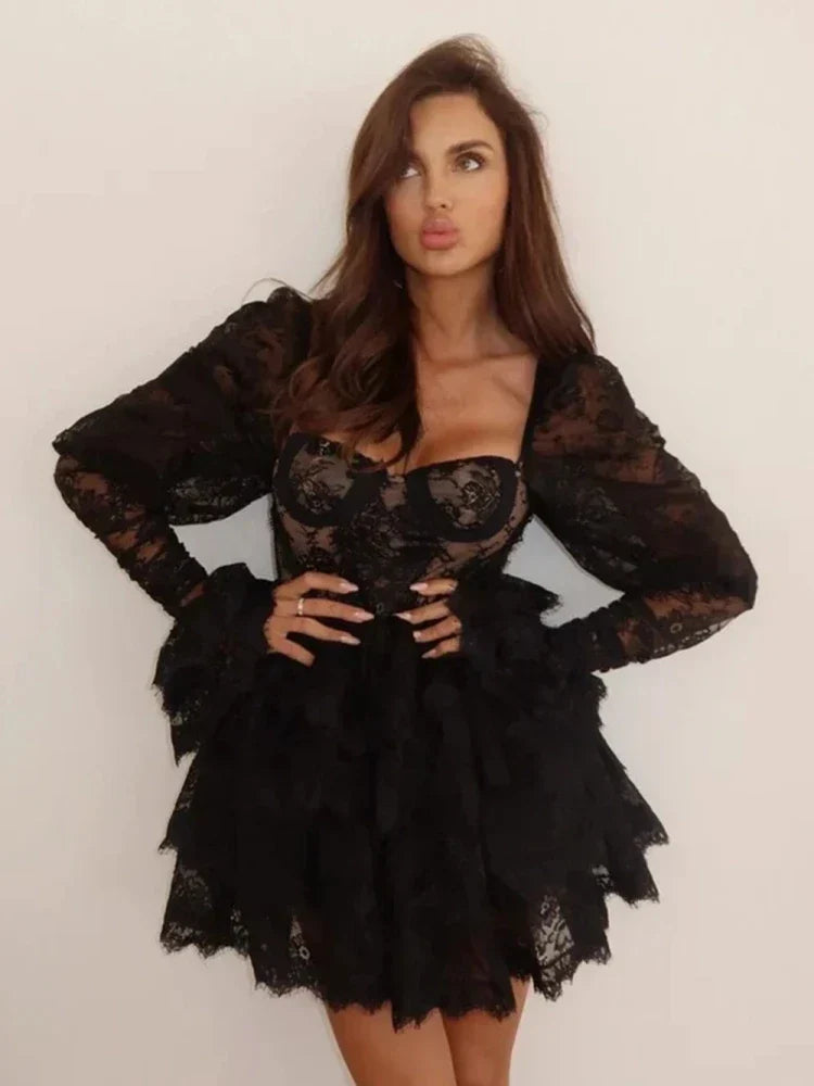 Floral Lace Corset Bustier Puff Sleeve Tiered Ruffle Mini Dress