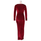 Square Neck Ruched Waist High Slit Long Sleeve Maxi Dress