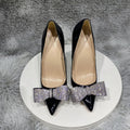 Black Patent Pointy Toe High Heel Shoes with Glitter Diamante Bow for Women