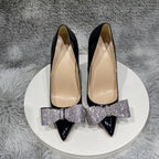 Black Patent Pointy Toe High Heel Shoes with Glitter Diamante Bow for Women