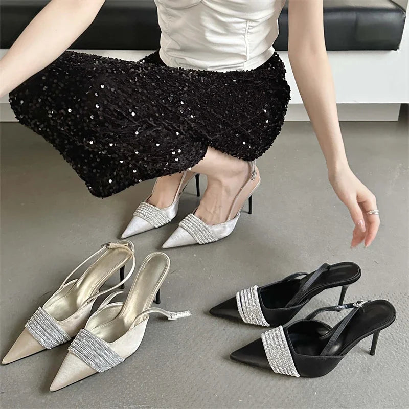 Crystal Rhinestone Silk Women Pumps with Slingbacks and Buckle Strap, Prom Thin Heels