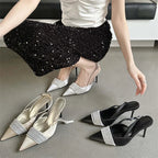 Crystal Rhinestone Silk Women Pumps with Slingbacks and Buckle Strap, Prom Thin Heels