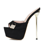 Metal Buckle Platform Slippers with Super Thin High Heels for Women