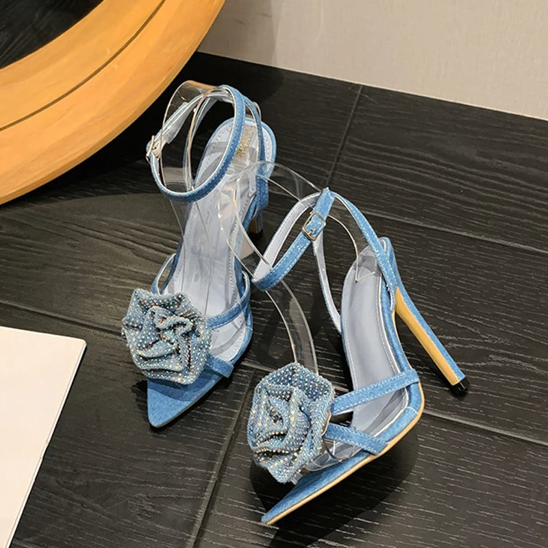 Crystal Flower Women's Thin High Heels Gladiator Sandals - 11.5CM