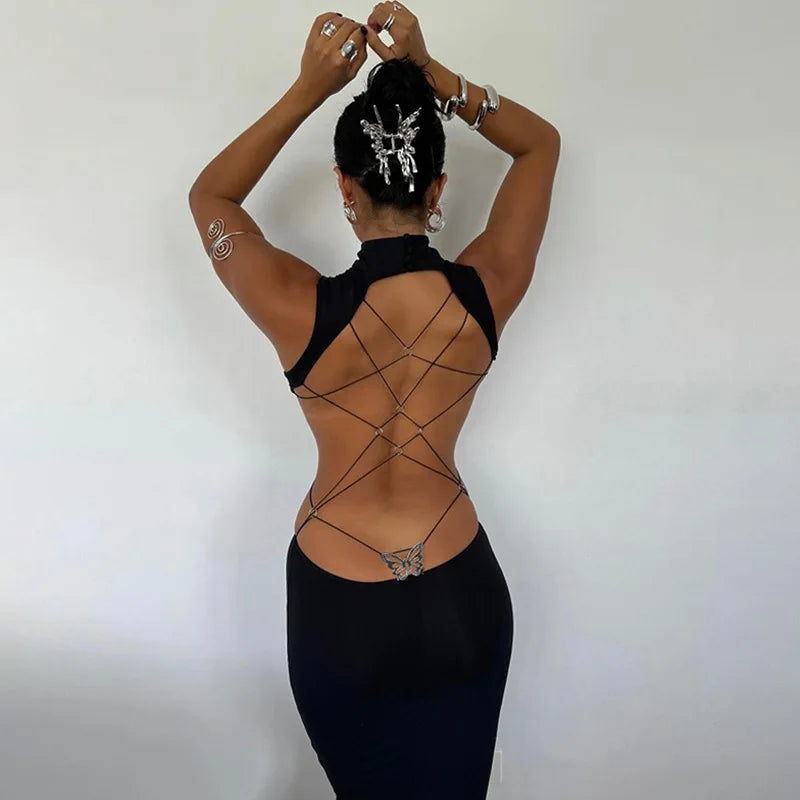 Butterfly Detail Criss Cross Strap Open Back Bodycon Maxi Dress