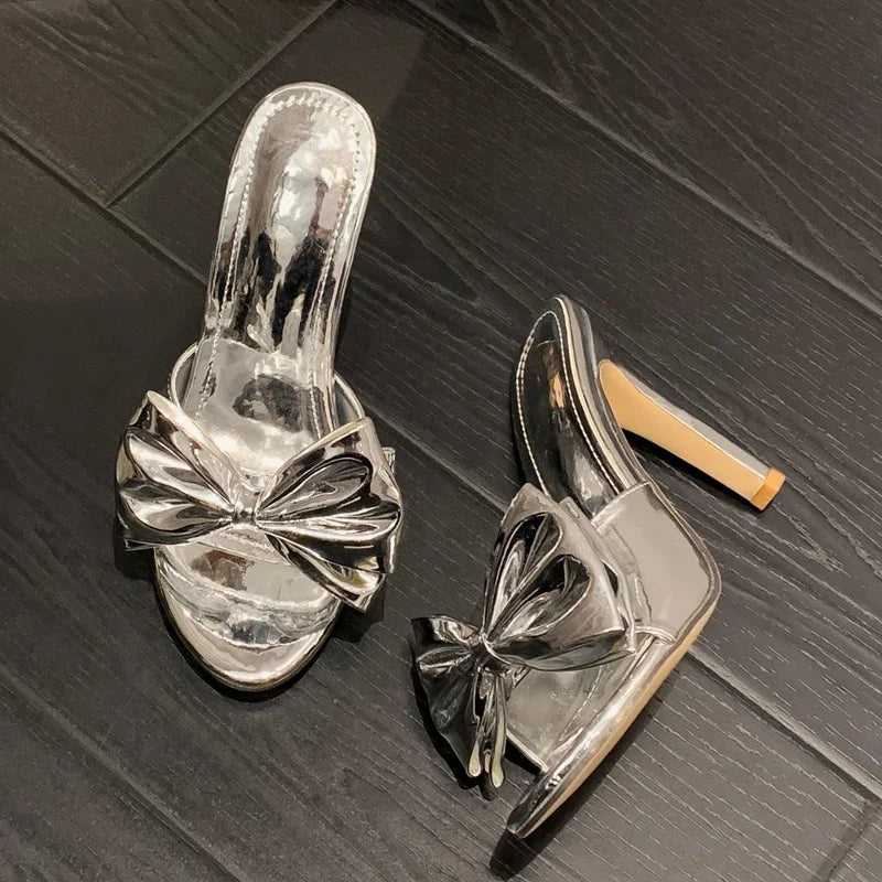 Gold Silver Pointed Toe Women Slippers with Butterfly-knot Thin High Heels