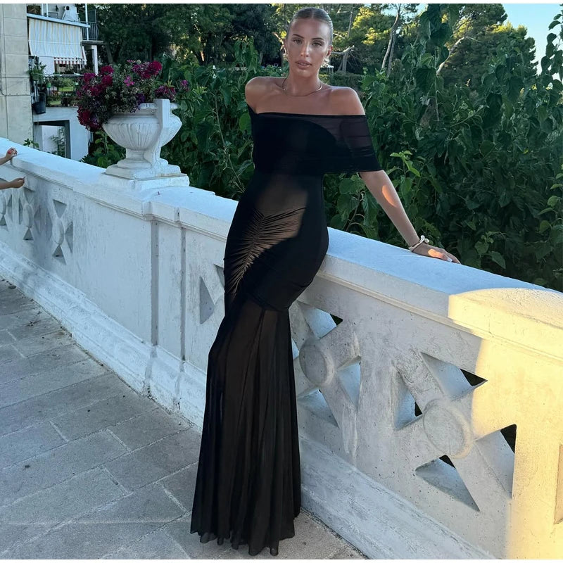 Off Shoulder Mesh Drape Ruched Bodice Sheer Overlay Maxi Gown