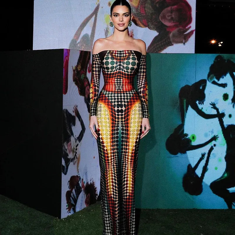 Optical Illusion Print Off Shoulder Long Sleeve Bodycon Maxi Dress