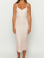 Ditsy Floral Print Ruched Cami Spaghetti Strap Lettuce Hem Midi Dress