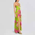 Strapless Floral Print High Split Maxi Dress