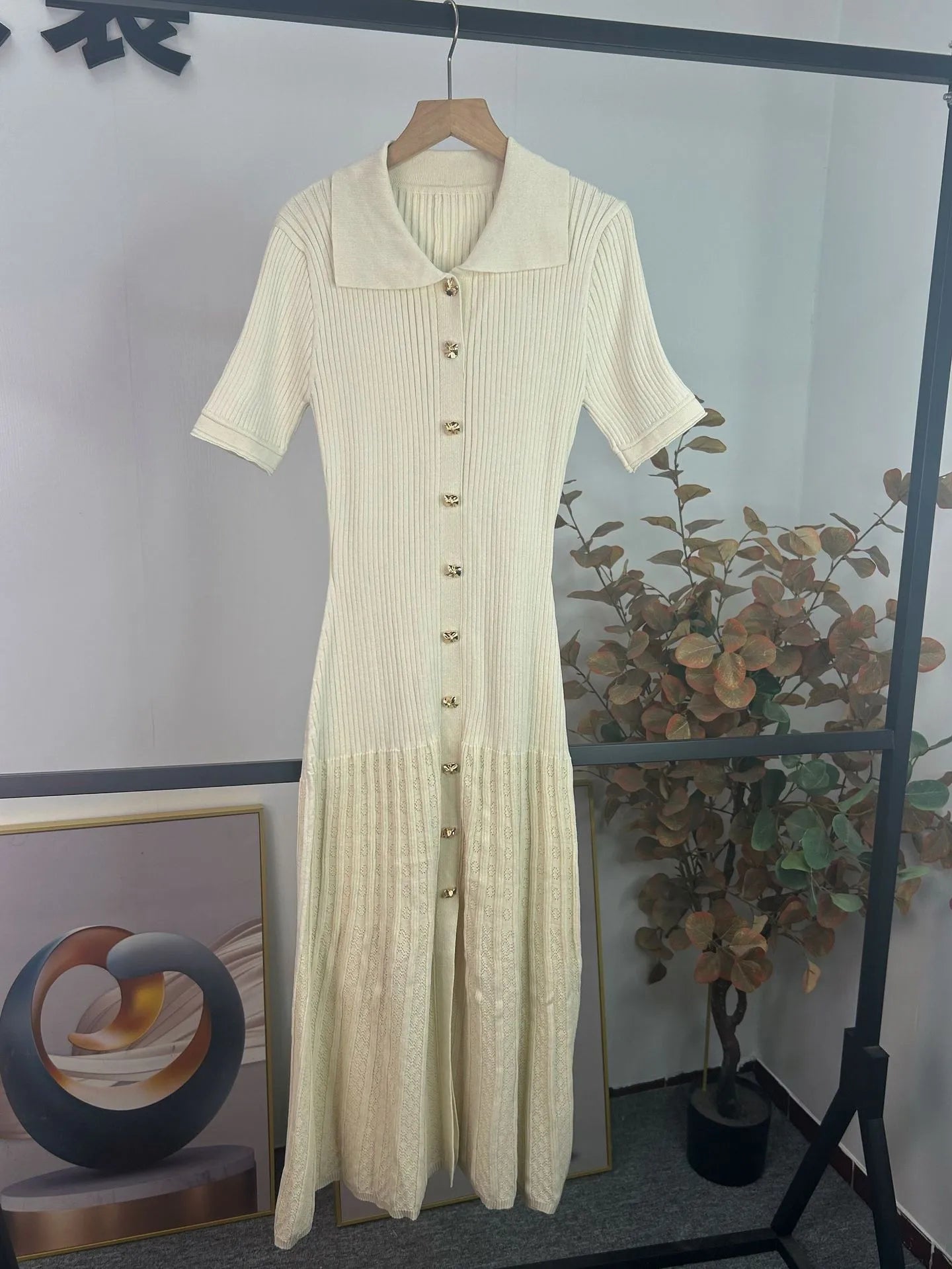 Fashion Elegant Hollow Out Knitted Dress Women Solid Short Sleeved Breasted Slim Dresses 2024 Elegant Female Commuting Robes