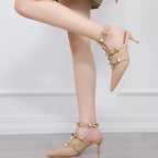 Thin High-heeled Shallow Mouth Pointed Roman Style Metal Rivets Shoes