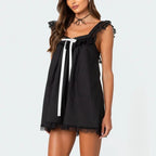 Square Neck Lace Ruffle Bow Trim Babydoll Mini Dress
