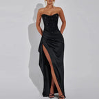 Sequin Strapless Bodice Satin Draped High Slit Maxi Gown
