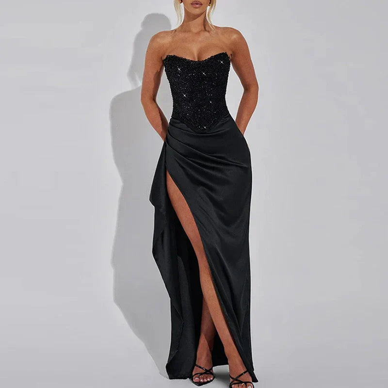 Sequin Strapless Bodice Satin Draped High Slit Maxi Gown