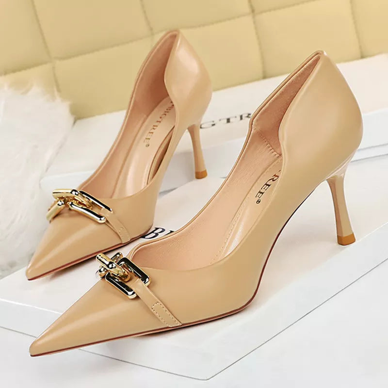 Metal Button Woman Pumps Patent Leather High Heels Sexy Party Shoes Stiletto Heels Luxurious