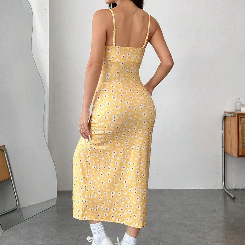Daisy Print Square Neck Ruched Bust High Slit Midi Dress
