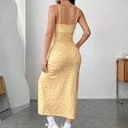 Daisy Print Square Neck Ruched Bust High Slit Midi Dress