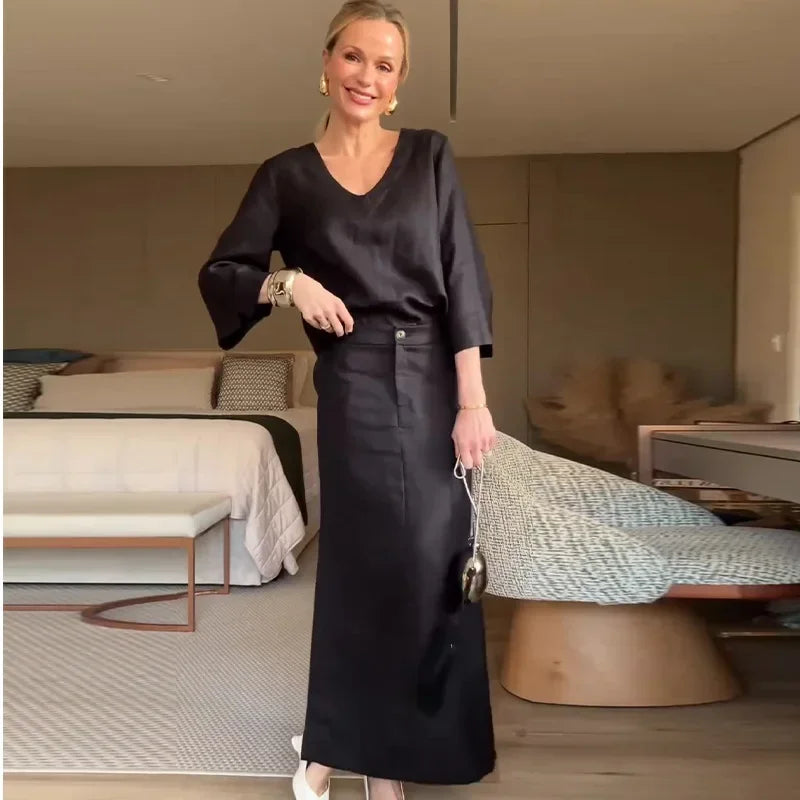 Two Piece Set Women Blouse Skirt Suit Solid Colour