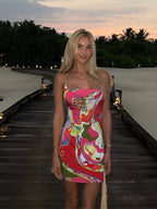 Spaghetti Strap Scoop Neck Psychedelic Swirl Print Bodycon Mini Dress