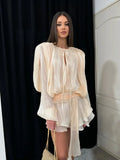 Metallic Pleated Balloon Sleeve Tie Neck Ruffled Hem Two-Piece Set