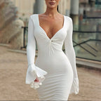 Deep V Tie Front Bell Sleeve Ruffle Hem Mini Dress