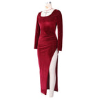 Square Neck Ruched Waist High Slit Long Sleeve Maxi Dress