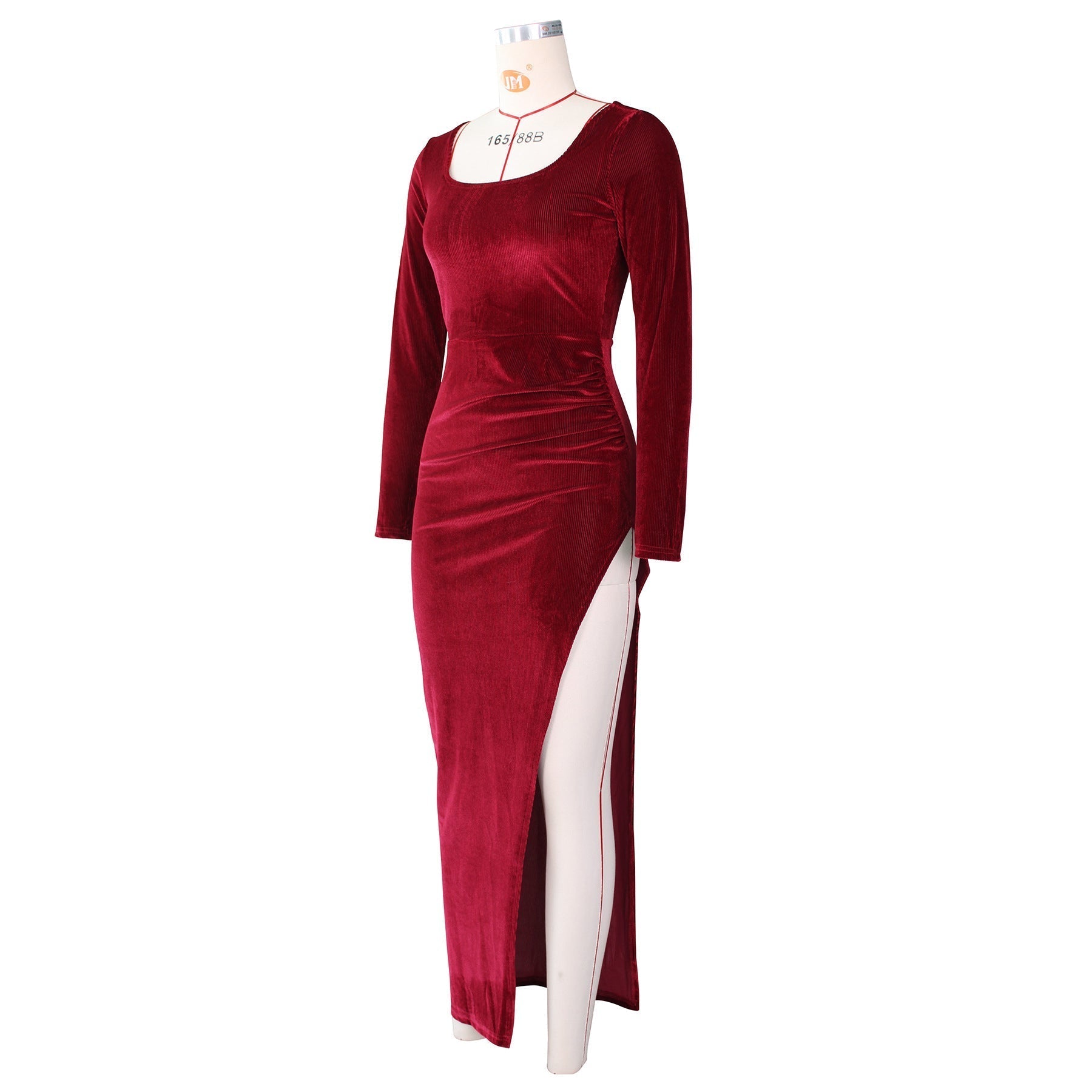 Square Neck Ruched Waist High Slit Long Sleeve Maxi Dress