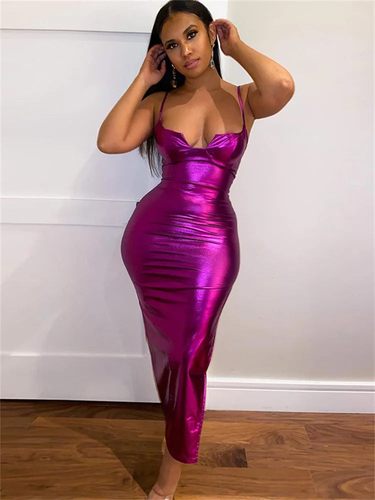 Metallic Foil Spaghetti Strap Plunge V-Neck Bodycon Maxi Dress