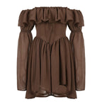 Milk Chocolate Vintage Ruffled Off Shoulder Midi Dress