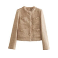 Fashion O-neck Pockets Short Coats For Women Autumn Long Sleeve Single Breasted Tweed Jacket New Chic Cropped Coats Female
