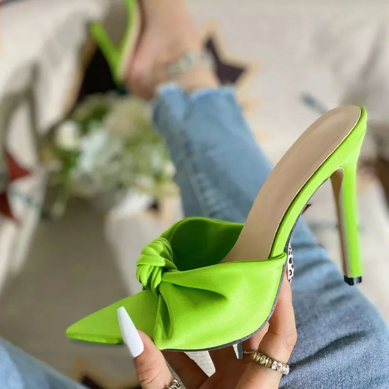 Summer Design Sexy Pleated Pointed Toe Women Slippers with Thin High Heels
