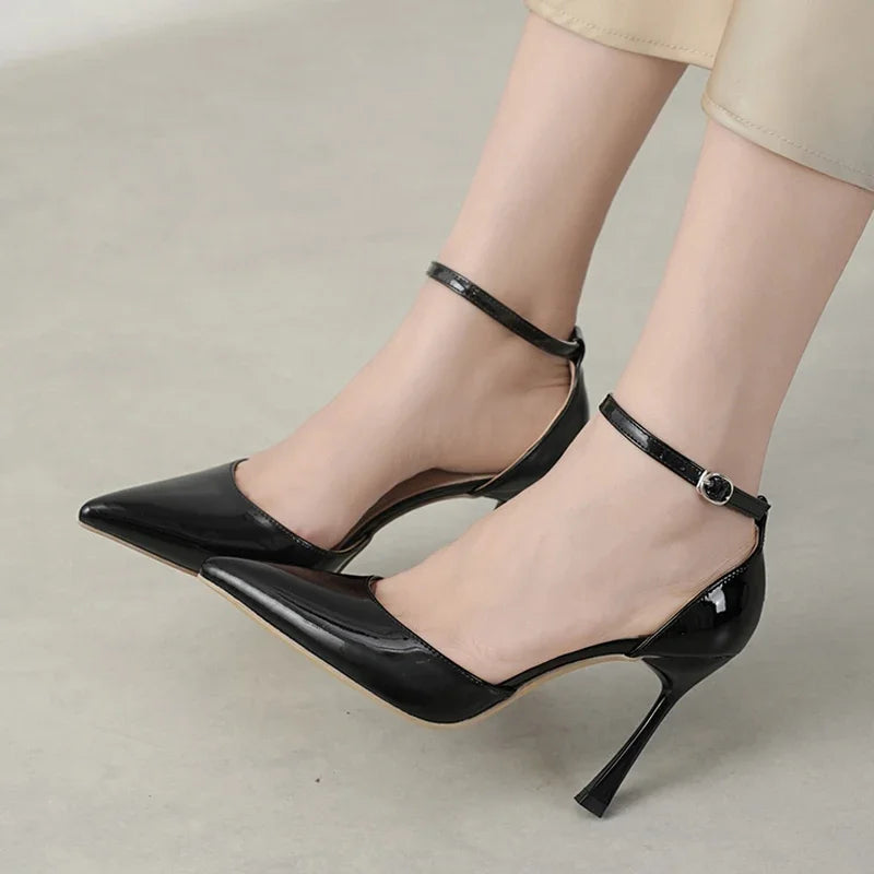 Sexy Patent Leather Pointed Toe Women Pumps with Buckle Strap and Thin High Heels