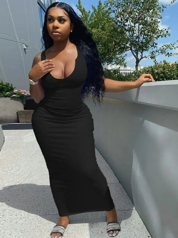 Ribbed Knit Deep Scoop Neck Tank Bodycon Maxi Dress
