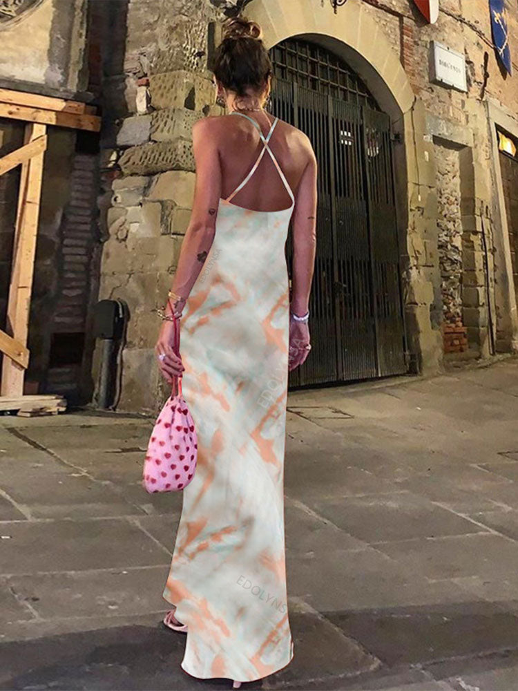 Tie-Dye Print Cowl Neck Spaghetti Strap Slip Maxi Dress
