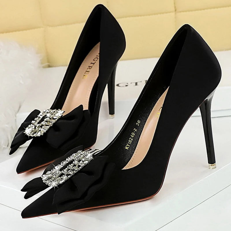 Red Silk Satin Women Pumps with Bowknot High Heels and Rhinestone Decoration