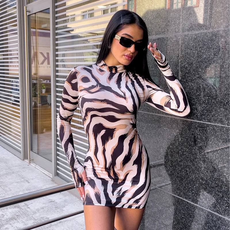 Zebra Stripe Mock Neck Thumbhole Long Sleeve Bodycon Mini Dress