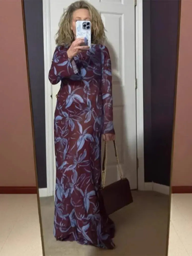 Retro Printed O-neck Holiday Dress Women Elegant Full Sleeve Waist-cinching Long Dresses Female 2025 Summer Chic Street Vestidos