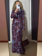 Retro Printed O-neck Holiday Dress Women Elegant Full Sleeve Waist-cinching Long Dresses Female 2025 Summer Chic Street Vestidos
