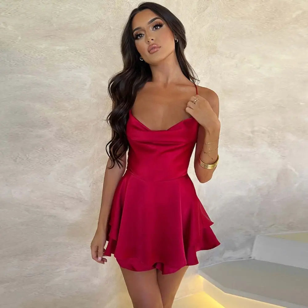 Satin Cowl Neck Spaghetti Strap Tiered Skater Mini Dress