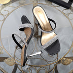 Wave point rhinestone slippers with 9.5CM high heels, open toe, perfect for outdoor wear.