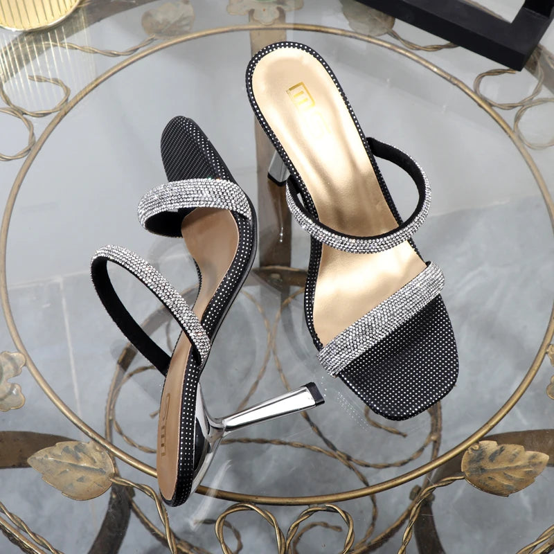 Wave point rhinestone slippers with 9.5CM high heels, open toe, perfect for outdoor wear.