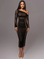 Asymmetric Off Shoulder Ruched Panel Bodycon Midi Dress