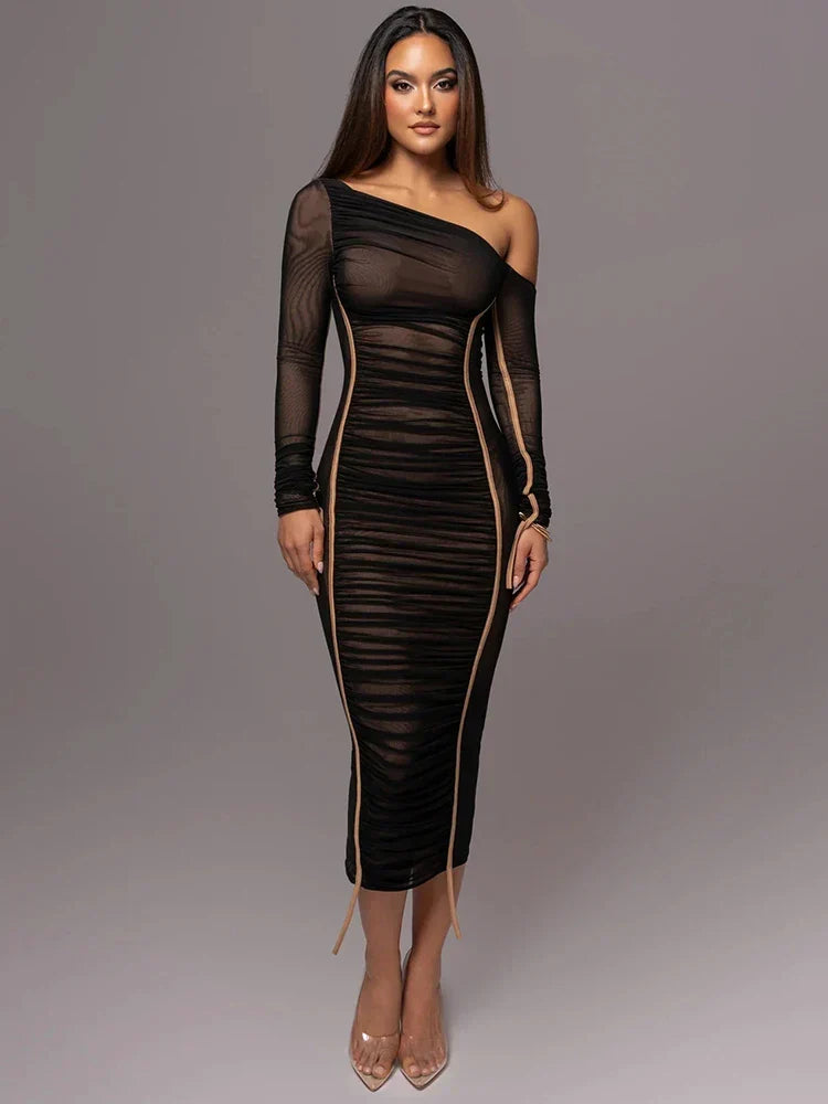 Asymmetric Off Shoulder Ruched Panel Bodycon Midi Dress