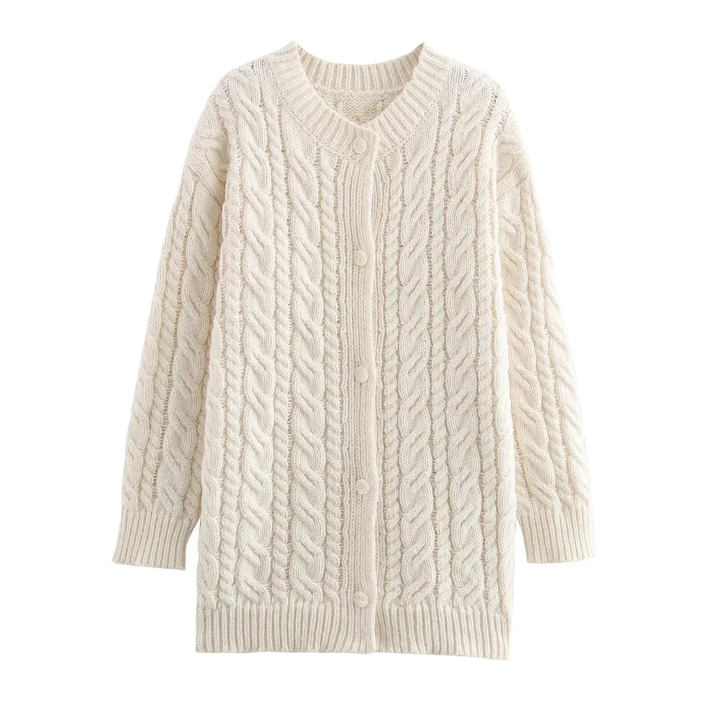 Beige Twist Knitted Cardigan Sweater Buttons Autumn Winter Women Loose Casual Long Cardigans Fashion New Female Sueter Mujer
