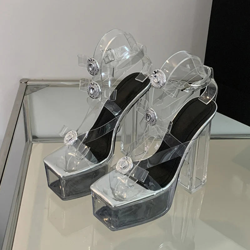 Buckle Bowknot Transparent Sandals with Clear Platform for Women