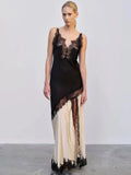 Sling V-Neck Colorblock Backless Long Lace Dress