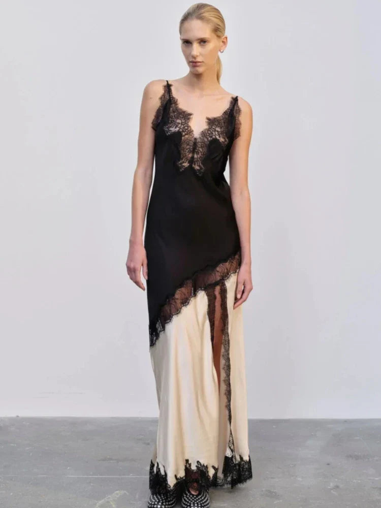 Lace Trim Colorblock Panel Spaghetti Strap High Split Maxi Dress
