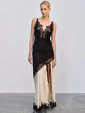 Lace Trim Colorblock Panel Spaghetti Strap High Split Maxi Dress