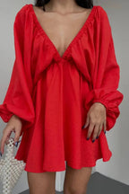 V-Neck Long-Sleeved Mini Dress